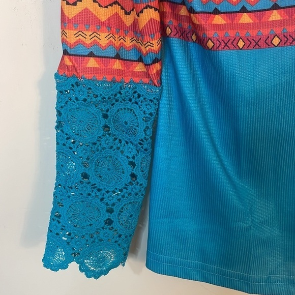 Bohemian Aztec Colorful Henley Pull Over Top - Picture 7 of 11